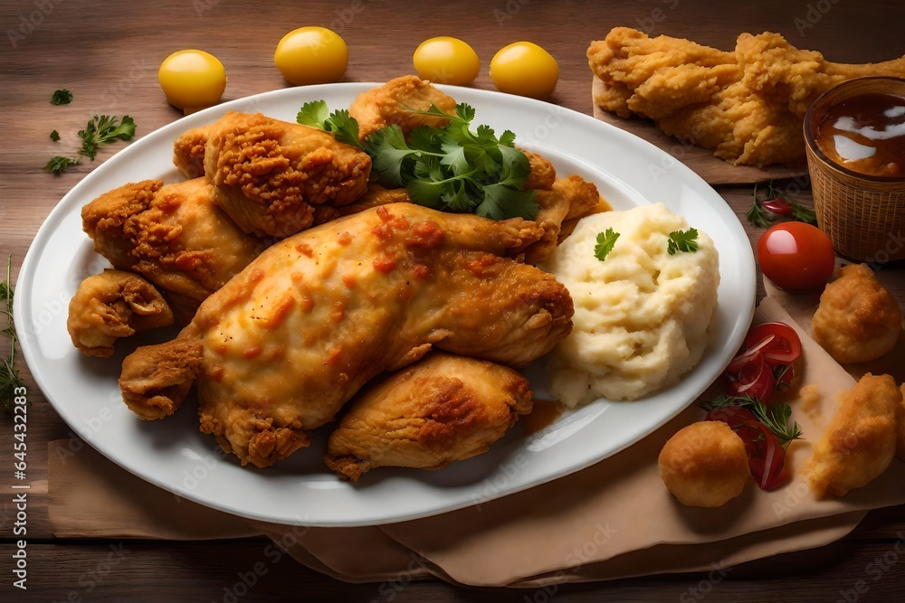 Poster a realistic image of a plate of golden-brown fried chicken with a side of mashed potatoes - ai gener
