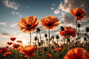 Obraz premium poppy flowers against the sky at sunset