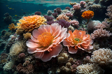 Fototapeta na wymiar Colorful flowers in underwater