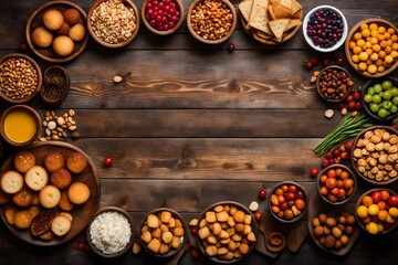 A rustic wooden table, top view, with a variety of snacks arranged in a colorful mosaic pattern - AI Generative