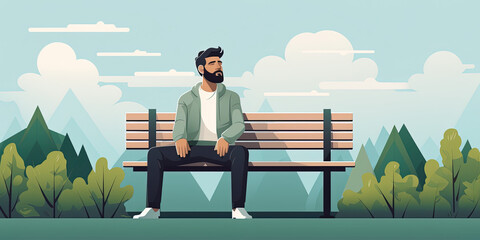 Bearded man sitting in the park, on a bench, simplified and stylized portrait