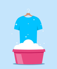 Washing clothes in basin of soapy water. Clean and wash. Stain removal. Flat vector illustration.