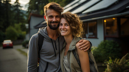 Fototapeta premium Happy young couple on the background of their own house. Concept of Real estate 
