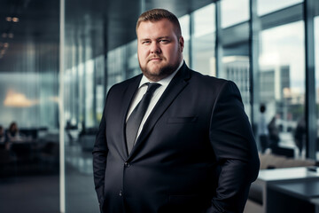 Fototapeta premium plus sized manager wearing business suit with modern office in the background