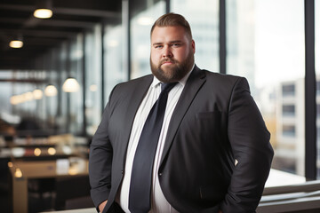 Fototapeta premium plus sized manager wearing business suit with modern office in the background