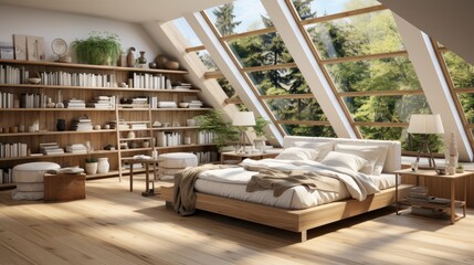 Obraz na płótnie Canvas Interior of minimalist scandi bedroom in luxury studio. Simple wooden bed and elements of furniture, bookshelves, chillout area, panoramic skylights with forest view. Ecodesign. 3D rendering.