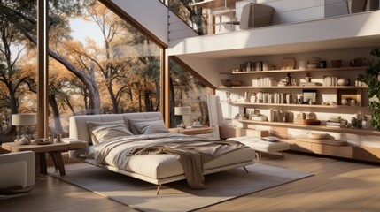 Interior of minimalist scandi bedroom in luxury villa. Simple wooden bed and elements of interior, chillout area, bookshelves, panoramic windows with scenic landscape. Ecodesign. 3D rendering.