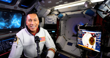 A Native American astronaut from America floats in space, symbolizing the pinnacle of human achievement and diversity in STEM. Ideal for themes of representation, exploration, and scientific.