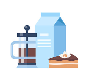Coffee time concept illustration. Early breakfast with coffee and cake. Coffee, cake, milk. Vector illustration.