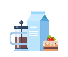 Fototapeta premium Coffee time concept illustration. Early breakfast with coffee and cake. Coffee, cake, milk. Vector illustration.