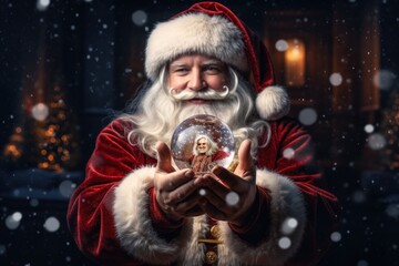 Fototapeta na wymiar A man dressed as Santa Claus holding a snow globe