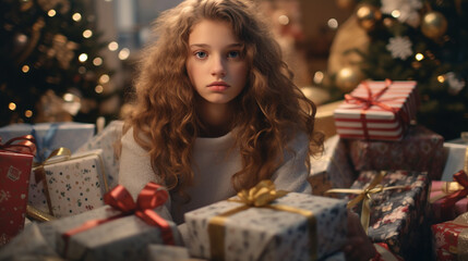 sad girl among many presents for Christmas, generated by AI