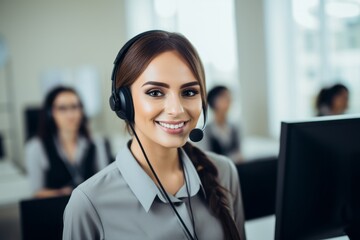 Smiling call center woman agent wearing headset in the office