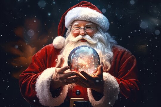 Santa Claus holding a snow globe in his hands