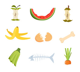 Organic waste, food compost collection isolated on white background. Banana and watermelon rind, fish bone, apple stump, eggshell, carrot tops. Vector illustration.