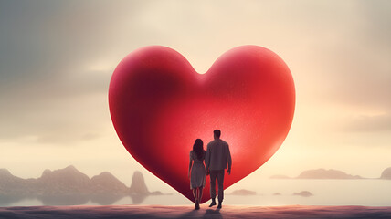 silhouette of a couple in love standing in front of a big red heart symbol of love, generated by AI