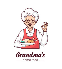 Grandmas cooking cafe logo, cute character cartoon design. Cheerful grandmother with a plate of appetising homemade food. Template. Vector line illustration