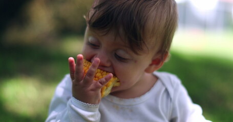 Adorable baby taking a bite of corn cob. Infant toddler portrait eating healthy snack outside in nature