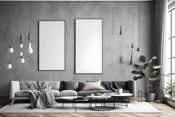 Mock up poster frame in modern interior background, gallery wall in gray living room