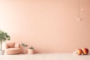 Wall mock up in empty interior background, room with pastel peach color wall