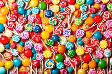 Colorful sweet lollipops. Color lollipop. bright cool candy. copy space. ball lollipops. Round candies on stick. Yummy Lollipops background