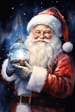Santa holding a lantern in a beautifully painted artwork