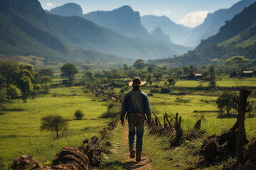 Obraz premium Rural Life. Farmers tending to fields and livestock depict the agricultural heart of My Latin America. Generative Ai.