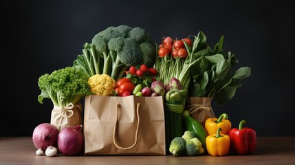 Vegetarian vegan food in paper bag of beige vegetables and fruits for healthy food delivery.