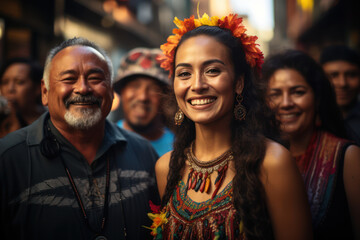 Cultural Fusion. People from diverse backgrounds mingling in a street festival embody the fusion of influences in My Latin America. Generative Ai.