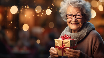 an elderly woman wearing glasses holds a beautifully wrapped gift and smiles