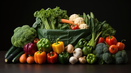 Vegetarian vegan food in paper bag of beige vegetables and fruits for healthy food delivery.