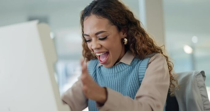 Happy, pizza and food delivery with business woman in office for lunch break, menu and take away. Happy, nutrition and box with excited person eating in agency for package, hungry and dinner
