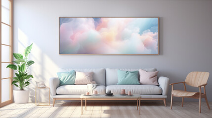 a room with good light from the window, a sofa, a large picture on the wall and a coffee table, all in soft pastel colors, generated by AI