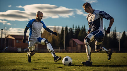 Athletic men with artificial bionic legs playing soccer at the stadium.