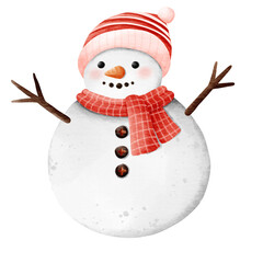Isolated cute winter snowman wear red hat and scarf in transparent background