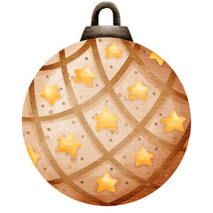Isolated cute golden and star ball bauble christmas ornament in transparent background