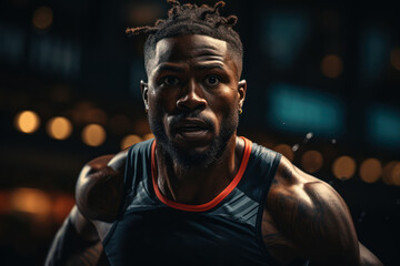 Determination in Every Stride. A track athlete sprints with unyielding resolve, epitomizing the heart of the athletic spirit. Generative Ai.