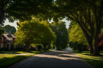 Obraz premium a tree-lined avenue, with towering, mature trees creating a natural canopy that arches over the road - AI Generative