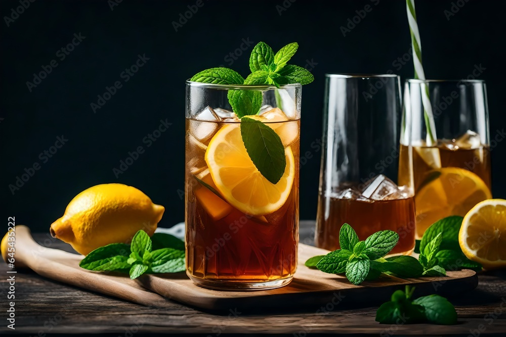 Poster an image of a refreshing glass of iced tea with lemon slices and mint leaves - ai generative