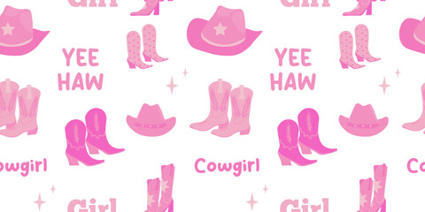 Seamless pattern Cowboy hat, boots. Vector illustration of Cowgirl. Wild West