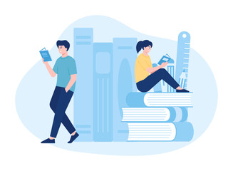 Students reading a book concept flat illustration