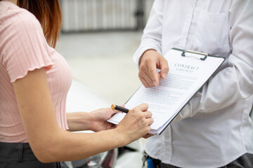 Insurance agents meet with customers when accidents occur to inspect damage and document insurance claims expeditiously. concept of car insurance agents to urgently inspect damage for customers.