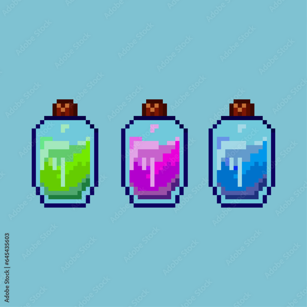 Poster pixel art sets of potion halloween with variation liquid items asset. halloween potion on pixelated 