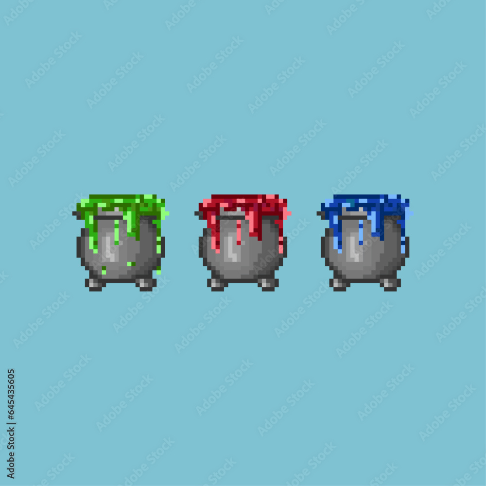 Poster pixel art sets of witch cauldron halloween with variation color items asset. halloween cauldron on p