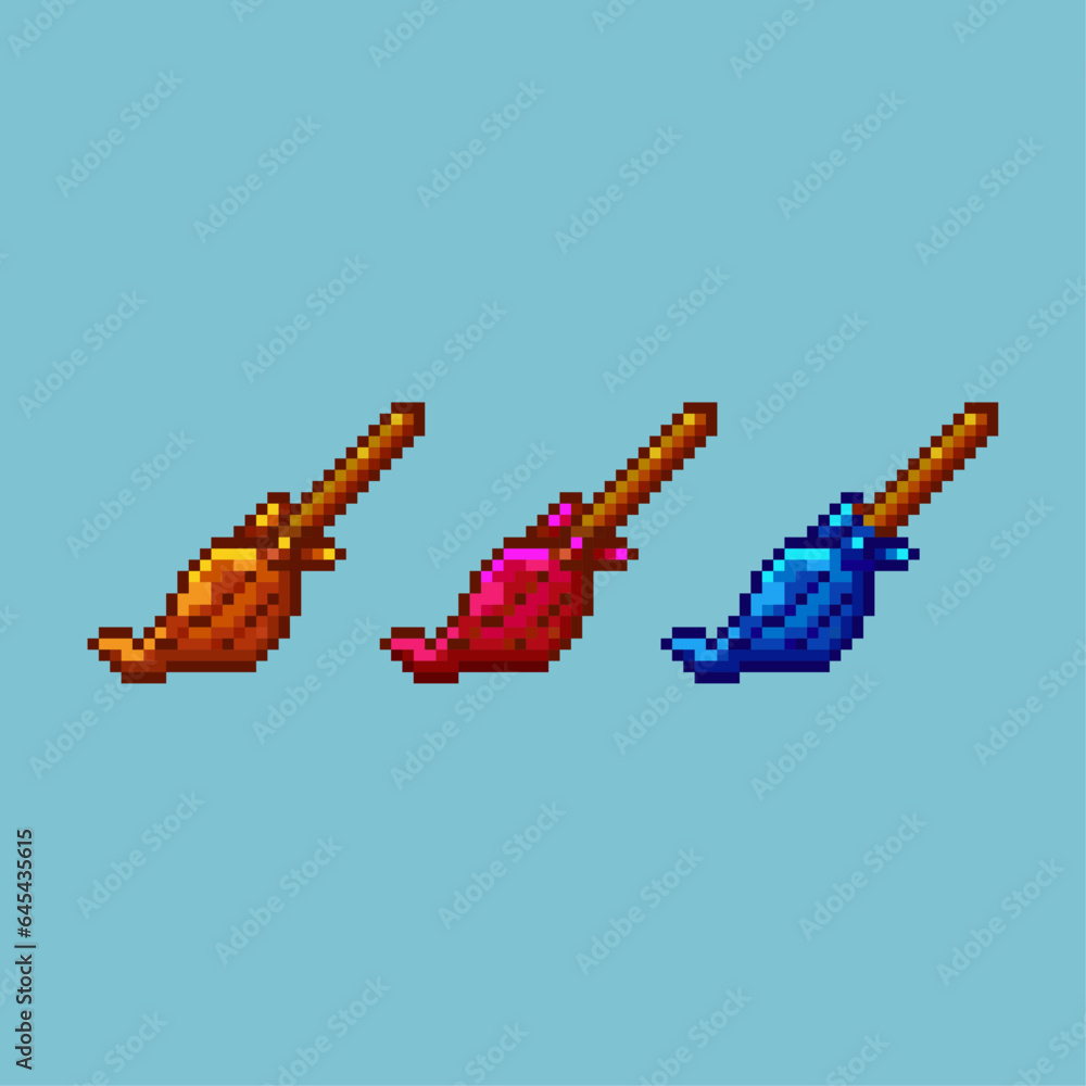 Poster pixel art sets of witch flying broom halloween with variation color items asset. halloween broom on 