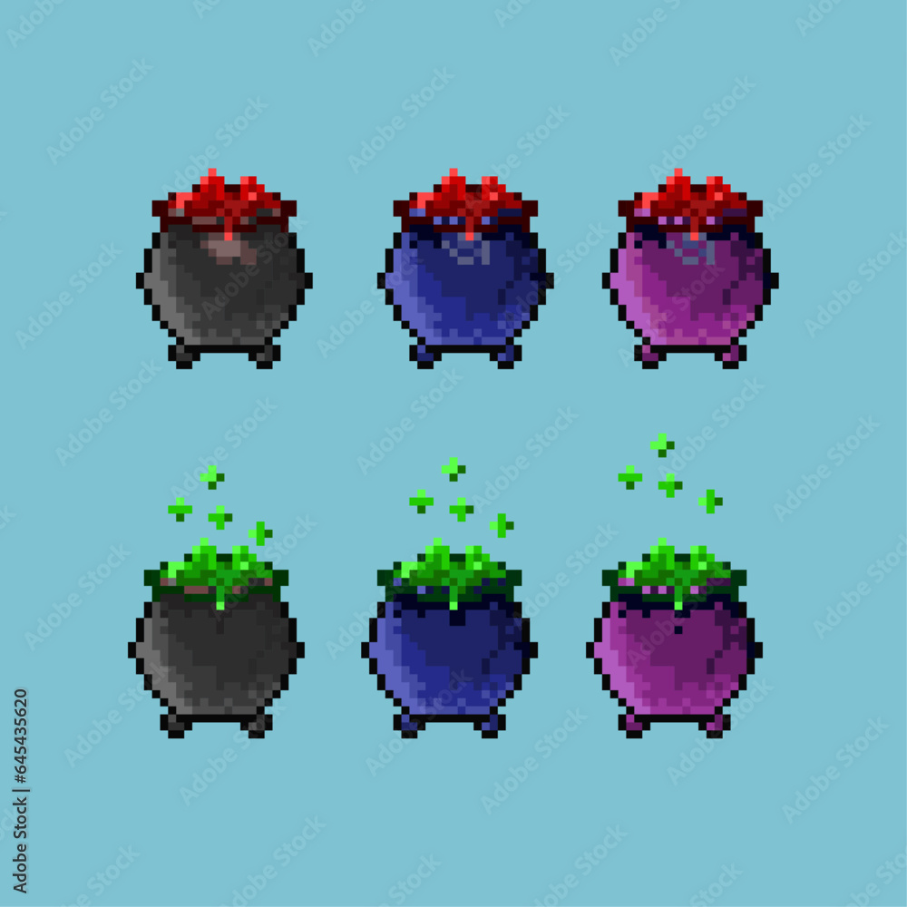Poster pixel art sets of witch couldron halloween with variation color items asset.halloween witch cauldron
