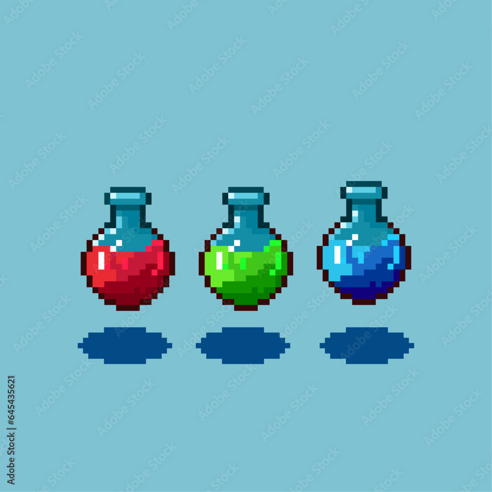 Poster pixel art sets of poison,health,and mana potion halloween with variation color items asset on pixela