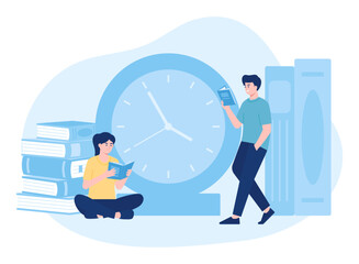 Study time management, reading a book concept flat illustration