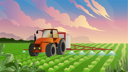 Tractor spraying pesticides on farm field with sprayer machine vector illustration, agricultural industry website concept © lala Firdaa