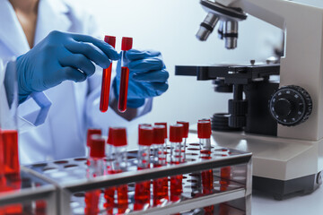 Hands of a doctor or female doctor collecting blood sample tubes from rack with analyzer in lab. Doctor holding blood test tube in research laboratory red blood cells - obrazy, fototapety, plakaty